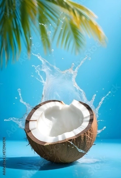 Fototapeta a coconut with water splashing out of it against a bright blue background