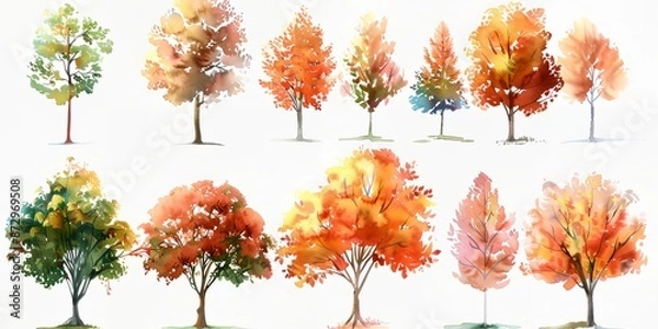 Fototapeta A set of watercolor trees with leaves of different colors. The trees are arranged in a row, with some trees being taller than others. The colors of the leaves vary from bright orange to deep red