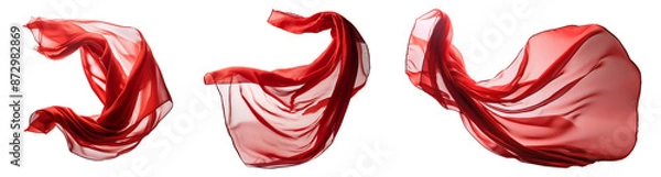 Fototapeta Three elegant red silk scarves float in the wind, cut out.
