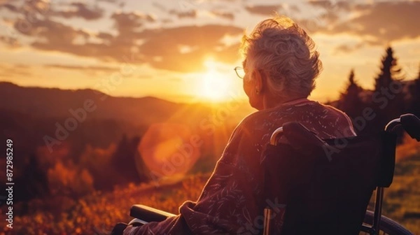 Fototapeta Elderly people with cerebral palsy watch the sunset.