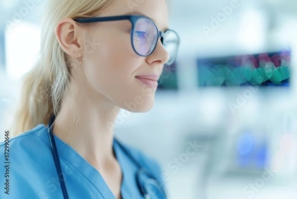 Fototapeta A healthcare professional wearing glasses and a stethoscope.