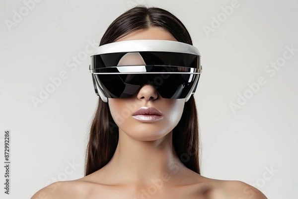 Fototapeta The face of a beautiful cyber woman is isolated on a white background
