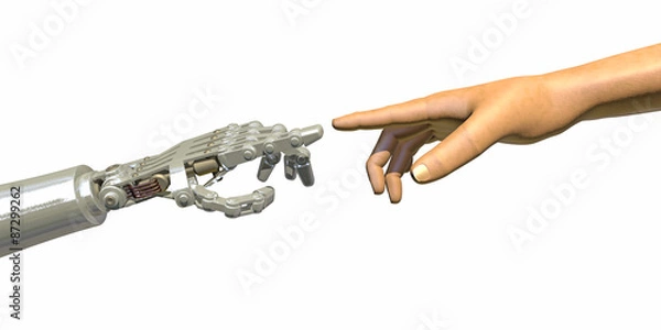 Fototapeta High quality 3D render of a robot hand touching a human hand, representing the relationship between human and artificial intelligence. Warm green reflections on robot hand, isolated on white.