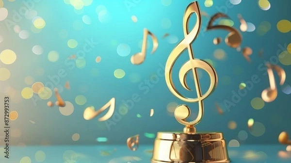 Fototapeta a golden musical note on a pedestal on a white background, award