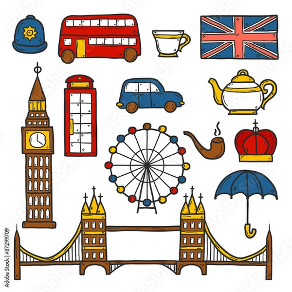 Fototapeta Set of cute hand drawn cartoon objects on London theme: queen