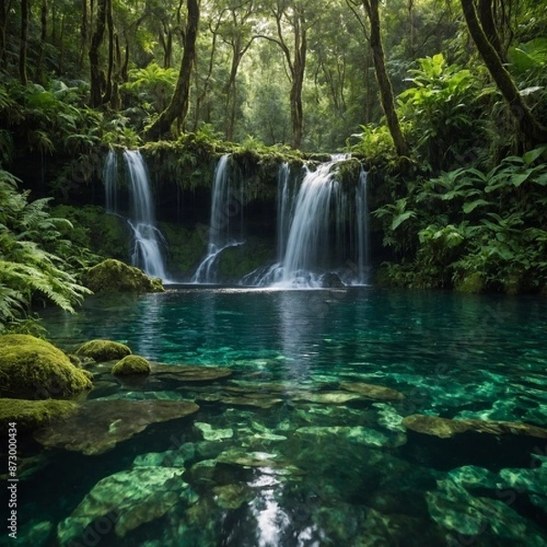 Fototapeta "A lush green forest with a waterfall cascading into a crystal-clear pool"