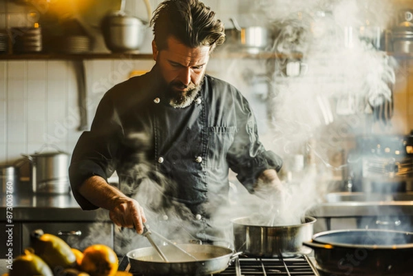 Fototapeta Bearded Chef Cooking in Smoky Kitchen.
