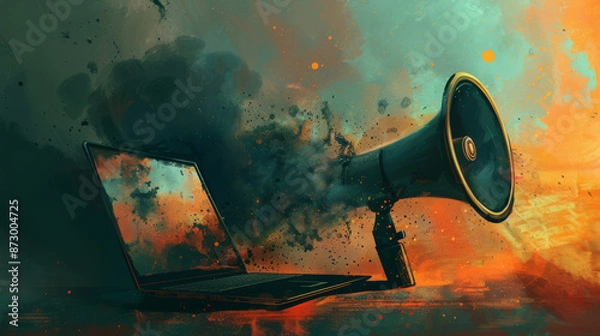 Fototapeta Laptop emitting smoke and megaphone on fiery background, digital art. Concept of internet communication and chaos.