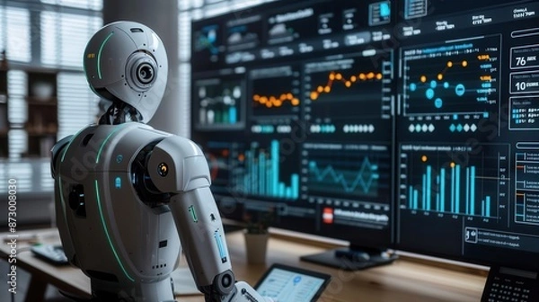 Fototapeta Automated data management, businessman creating KPI reports, database connection, intelligent AI robot technology, data analysis, Watercolor style