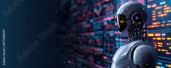 Fototapeta Businessman with automated data system, generating KPI reports, intelligent AI robot, connected database analysis