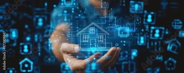 Fototapeta Mortgage loan analysis, man touching virtual house icon, real estate investment, digital tech interface