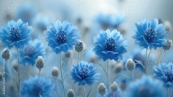 Fototapeta Magical atmosphere and soft light close up photo of beautiful cornflower flowers with nature concept background backdrop for your wedding, invitation, poster, banner project design