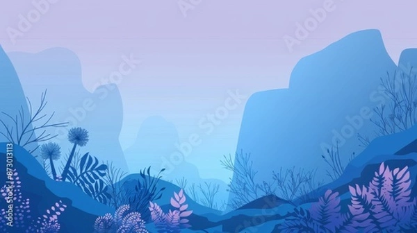 Fototapeta simple, alien landscape, with alien foliage, flat abstract vector illustration of a background, dominant colors are light blue, dark blue, and some purple 