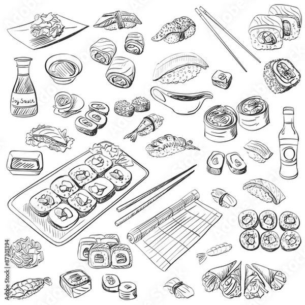 Fototapeta Hand drawn sushi set