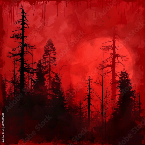 Fototapeta Vecror image of forest on the red background
