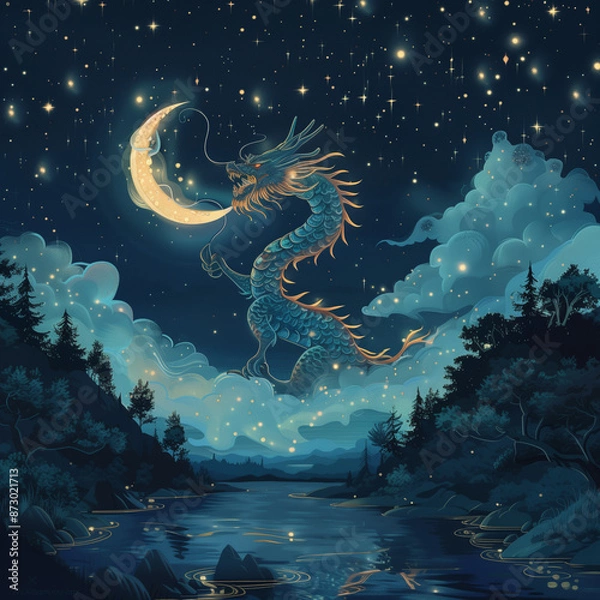 Fototapeta Illustration of dragon in the night with crescent