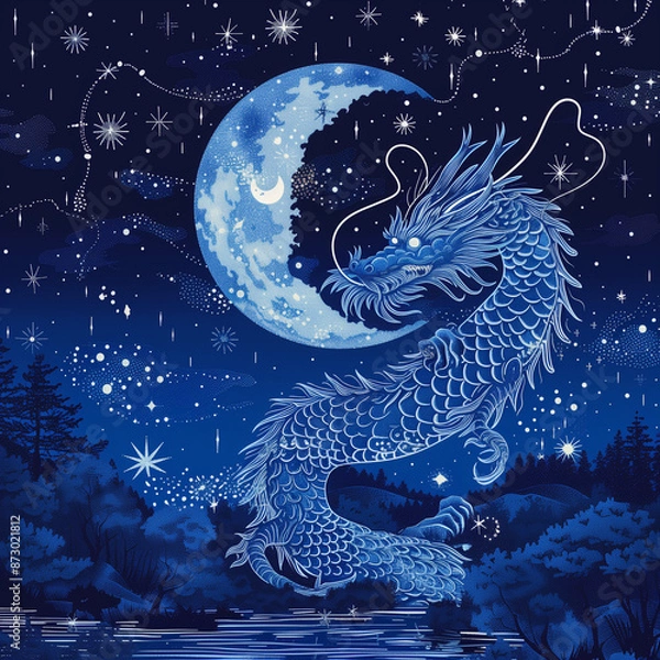 Fototapeta Illustration of dragon in the night with crescent