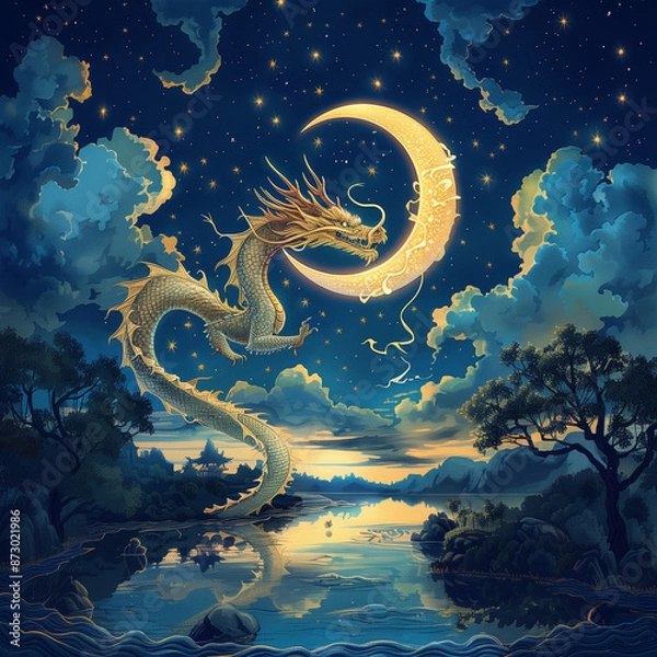 Fototapeta Illustration of dragon in the night with crescent