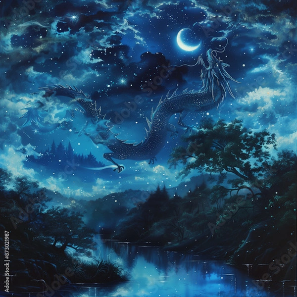 Fototapeta Illustration of dragon in the night with crescent