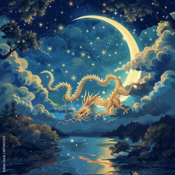 Fototapeta Illustration of dragon in the night with crescent