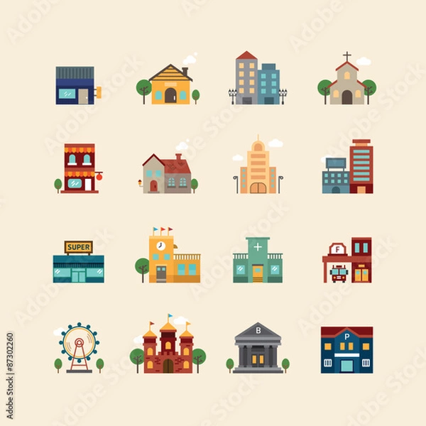 Fototapeta vector web flat icons set - buildings collection of city design