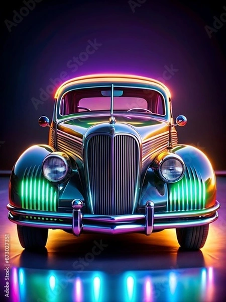 Fototapeta A restored art deco-inspired car with a futuristic neon glow emanating from underneath.

