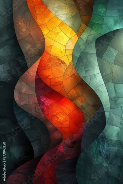 Obraz Abstract stained glass composition with flowing wave patterns in vibrant red, orange, and green hues, perfect for artistic background use.
