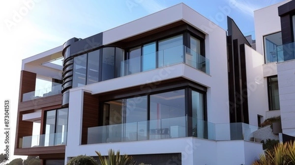 Obraz Modern two-story house with large glass windows, clean lines, and a minimalist design, set against a clear blue sky, emphasizing contemporary architecture