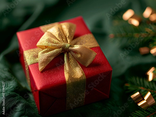 Fototapeta Gift box with ribbon, Holiday theme with decorative background, Elegant wrapped gift box for accessories