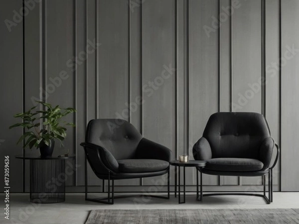 Obraz Grey wall panels and a black side table in minimalistic interior design composition.
