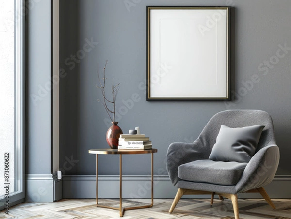 Fototapeta Refined interior featuring a chic sitting area with a gray armchair and side table. Modern design elements include a blank picture frame and soft shadows.