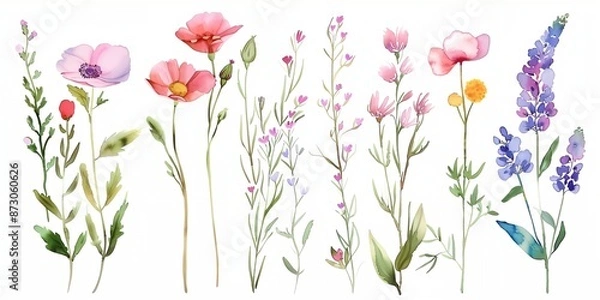 Fototapeta Set of field flowers with a variety of colors and sizes. The flowers are arranged in a way that creates a sense of harmony and balance