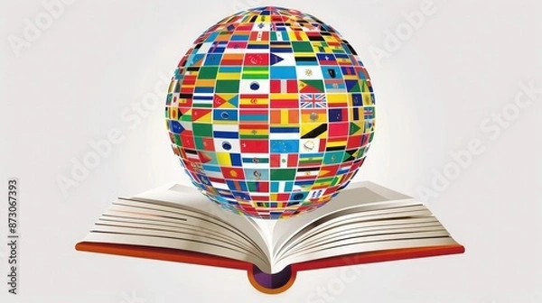 Fototapeta A colorful vector illustration of a globe made up of various national flags, superimposed on an open hardcover book, symbolizing the spread of multicultural knowledge.