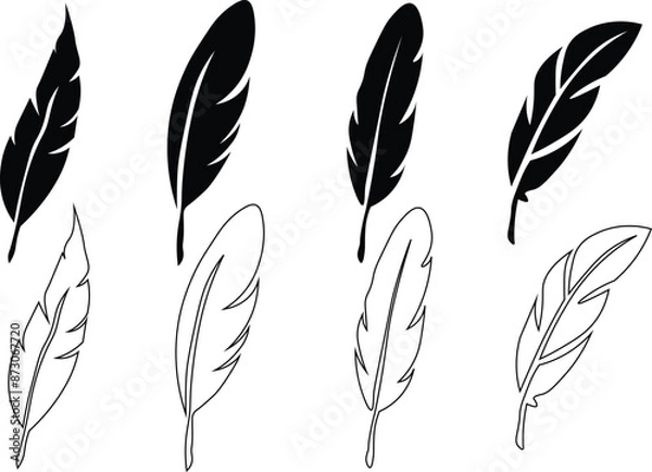 Fototapeta Set of Bird Feather. Feathers vector set in a flat style. Pen icon. Black quill feather silhouette. Plume let collection.vector eps10