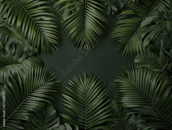 Fototapeta Palm tree leaves creating a tropical ambiance, ideal for summer-themed designs, nature photography, and lively, colorful imagery.