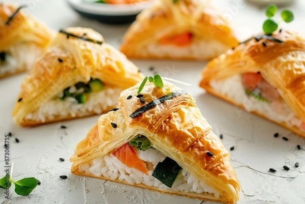 Fototapeta Flaky sushi-inspired pastry triangles on clean surface