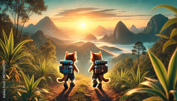 Fototapeta Two adventurous cats wearing small backpacks and hiking boots, trekking along a scenic mountain trail with a beautiful sunrise in the background. The landscape is lush and green.