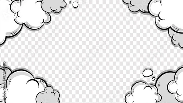 Fototapeta Comic clouds frame on transparent background. Pop art background. Boom, pow effect. Cartoon explosion. Cartoon vintage explosion.