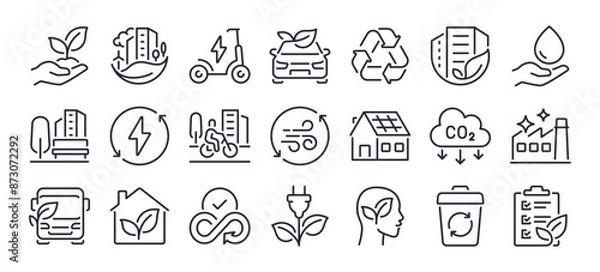 Fototapeta Green city editable stroke outline icons set isolated on white background flat vector illustration. Pixel perfect. 64 x 64.