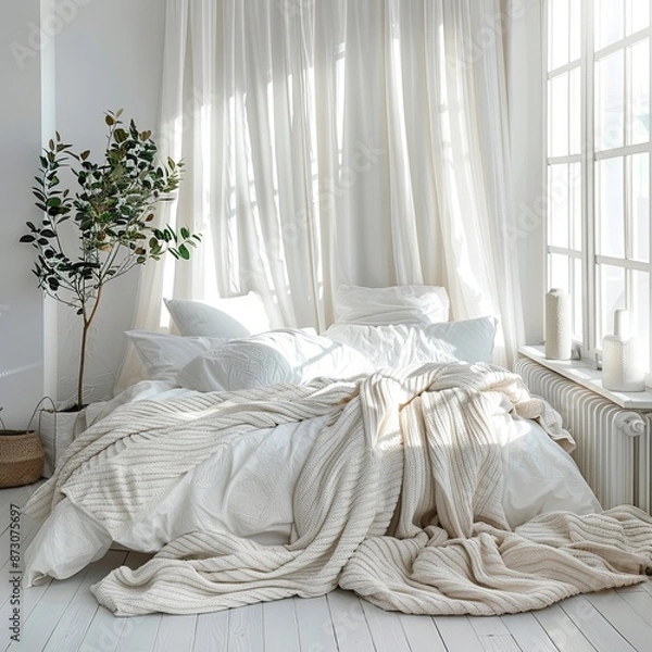 Fototapeta white bedroom with pillow blanket white curtain and window ,white cozy room conept,Large comfortable bed in light room.
