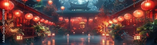 Fototapeta Red lanterns illuminate a traditional Chinese street at night.