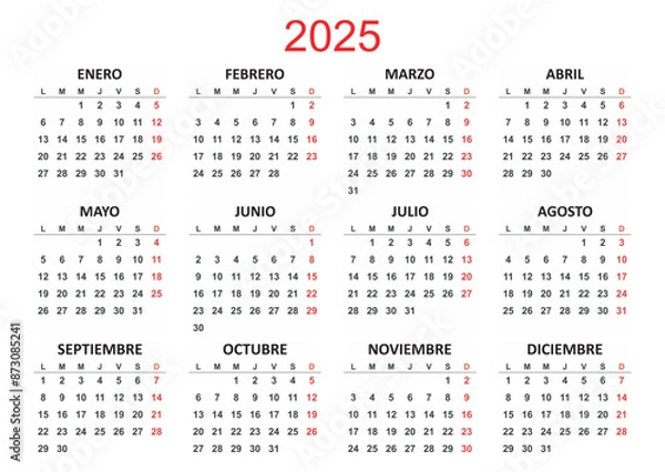 Fototapeta Spanish Yearly calendar. 2025 mockup. Annual Horizontal template. Classic simple minimal design. Black numbers on white background. Editable format. First day lunes monday. EPS10.