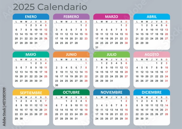 Fototapeta Calendar 2025 Year mockup. Spanish version. Annual horizontal template with colored tabs on gray background. Modern design. Editable format. EPS10.
