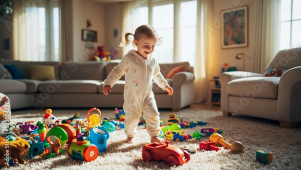 Fototapeta A young girl in a white jumpsuit joyfully navigates a colorful, scattered array of toys on the plush carpet of a sunlit living room