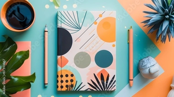Fototapeta A spiral bound notebook with a colorful design sits on a table with a pencil and a ball. The notebook is decorated with a variety of shapes and colors, and it is a creative and fun design