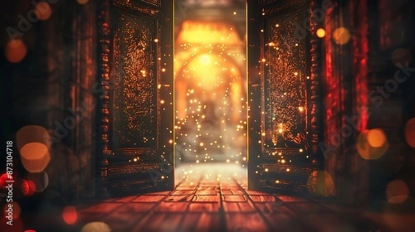 Fototapeta An open door in an ancient temple with golden and red abstract bokeh lights, night view creating a magical and sacred atmosphere, minimalistic and majestic