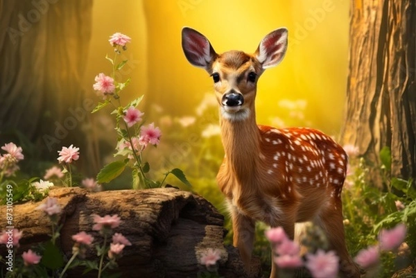 Fototapeta A young fawn standing in a forest surrounded by colorful flowers and illuminated by soft sunlight. Ideal for themes of spring, nature, and wildlife.
