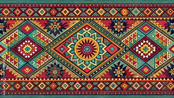 Fototapeta Vibrant abstract banner template featuring intricate tribal aztec ornamentation and eclectic ethnic patterns in a seamless repeating design.
