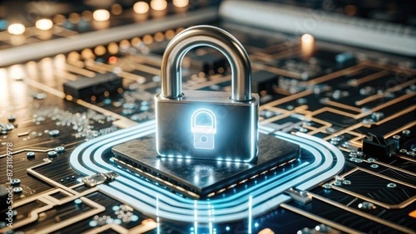 Fototapeta glowing blue neon lock icon on digital circuit board background, illustrating cyber security and data protection concepts, technology, digital security and IT infrastructure