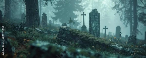 Fototapeta Misty forest graveyard with aged tombstones and crosses, creating a mysterious and eerie atmosphere in a foggy woodland setting.